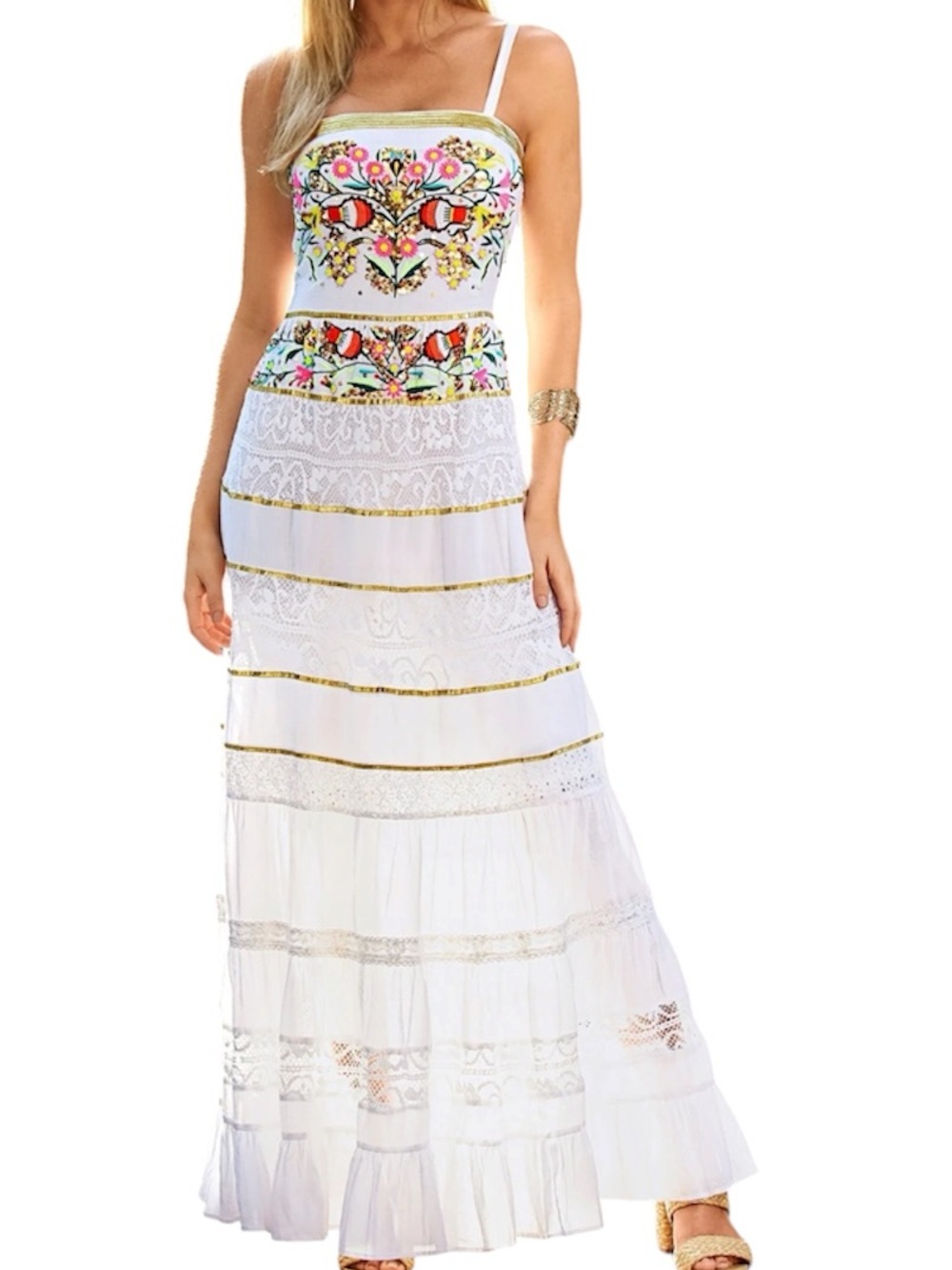 Boston Proper White Maxi Dress with Multicolor Floral Embroidery